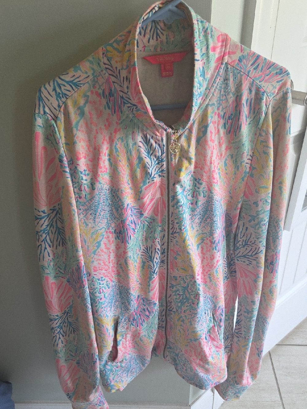 Lilly Pulitzer Coral Pink & Aqua Patterned Hadley Full Zip